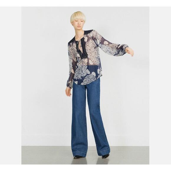 Zara Mulberry Silk Navy/Ecru Long Sleeve Blouse with Studs Women's Size Medium N - Picture 9 of 16